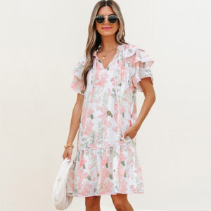 2025 summer new playful sweet high-waisted short skirt women, European and American fashion flower print short-sleeved dress women