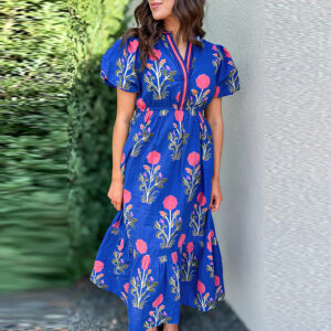 2025 summer new retro flower printing fashion loose V-neck high waist A-shaped long dress women