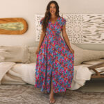 2025 spring and summer new high-waisted dress women's casual style contrasting color printing waist and thin long dress women
