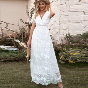 Summer lace hook-up hollow solid color dress
